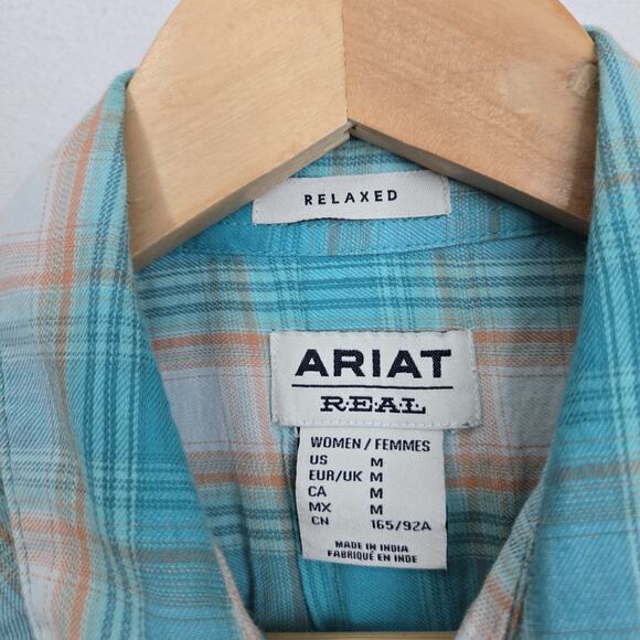 Ariat Real Billie Ray Shirt M Turquoise Plaid Button Down Relaxed Long Sleeve - Picture 8 of 14
